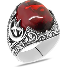 Gümüş Hediye Al Kırmızı Akik Taşlı Ayyıldız Detaylı 925 Ayar Gümüş Erkek Yüzük