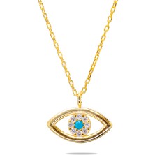 Gümüş Hediye Al Zirkon Taşlı Göz Tasarım Gold Renk 925 Ayar Gümüş Kadın Kolye