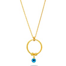 Gümüş Hediye Al Beyaz Zirkon Taşlı Nazar Boncuğu Detaylı Dorika Top Süslemeli Gold Renk 925 Ayar Gümüş Kadın Kolye