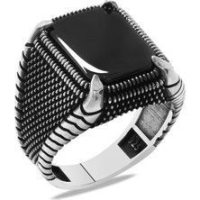 Gümüş Hediye Al Nokta Işlemeli Kartal Pençesi Detaylı Siyah Oniks Taşlı 925 Ayar Gümüş Erkek Yüzük