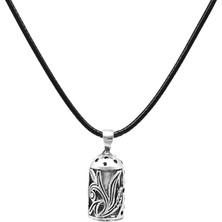 Gümüş Hediye Al Lale Detaylı Siyah Ip Zincirli 925 Ayar Gümüş Erkek Cevşen Kolye