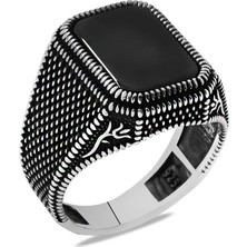 Gümüş Hediye Al Nokta Desenli Lale Işlemeli Siyah Oniks Taşlı 925 Ayar Gümüş Erkek Yüzük