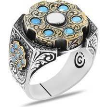 Gümüş Hediye Al Firuze Taşlı Kalem Işçilikli Dönen Çark Tasarım 925 Ayar Gümüş Erkek Yüzük