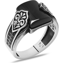 Gümüş Hediye Al Zirkon Taş Işlemeli Basic Tasarım Bombeli Oniks Taşlı 925 Ayar Gümüş Erkek Yüzük