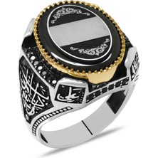 Gümüş Hediye Al Siyah Sıkma Kehribar Taşlı Dört Halife Isimli Işlemeli 925 Ayar Gümüş Erkek Yüzük