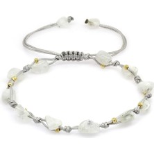 Gümüş Hediye Al Makrome Örgülü Naturel Kesim Dorika Top Detaylı Ay Taşı Doğaltaş Kadın Bileklik