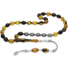 Gümüş Hediye Al 925 Ayar Gümüş Püsküllü Arpa Kesim Gümüş Isim Yazılı Sarı-Siyah Ateş Kehribar Tesbih