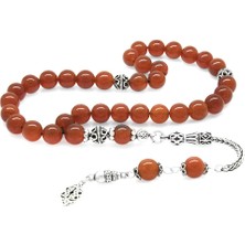 Gümüş Hediye Al 925 Ayar Gümüş Püsküllü Küre Kesim Kırmızı Akik Doğaltaş Tesbih