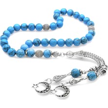 Gümüş Hediye Al Kararmaz Metal Ayyıldız Püsküllü Küre Kesim Firuze-Turkuaz Doğaltaş Tesbih