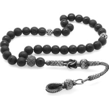 Gümüş Hediye Al 1000 Ayar Gümüş Kazaz Püsküllü Küre Kesim Ayyıldız Desenli Oniks Doğaltaş Tesbih