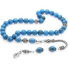 Gümüş Hediye Al 925 Ayar Gümüş Püsküllü Küre Kesim Firuze-Turkuaz Doğaltaş Tesbih