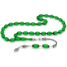 Gümüş Hediye Al 925 Ayar Gümüş Püsküllü Arpa Kesim Yeşil Ateş Kehribar Tesbih