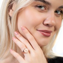 Gümüş Hediye Al Zirkon Taşlı Papatya Tasarım Rose Renk 925 Ayar Gümüş Kadın Tektaş Yüzük