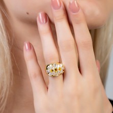 Gümüş Hediye Al Damla Kesim Beyaz Zirkon Taşlı Gold Renk Free Size 925 Ayar Gümüş Kadın Yüzük