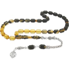 Gümüş Hediye Al 925 Ayar Gümüş Kral Püsküllü Uçlu Kapsül Kesim Süzme Siyah-Beyaz Ateş Kehribar Tesbih