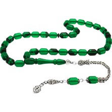 Gümüş Hediye Al 925 Ayar Gümüş Kral Püsküllü Uçlu Kapsül Kesim Yeşil-Siyah Ateş Kehribar Tesbih