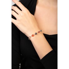 Gümüş Hediye Al Nazar Boncuğu Detayl Multicolor Rose Renk 925 Ayar Gümüş Kadın Bileklik