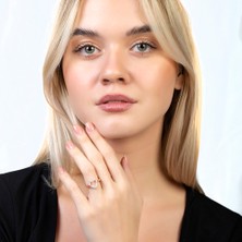 Gümüş Hediye Al Beyaz Zirkon Taşlı Kalp Tasarım Rose Renk Free Size 925 Ayar Gümüş Kadın Yüzük