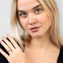 Gümüş Hediye Al Beyaz Zirkon Taşlı Asimetrik Tasarım Rose Renk Free Size 925 Ayar Gümüş Kadın Yüzük