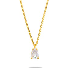 Gümüş Hediye Al Faset Zirkon Tek Taşlı Gold Renk 925 Ayar Gümüş Kadın Kolye