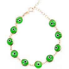 Gümüş Hediye Al Nazar Boncuğu Detaylı Yeşil Mineli Rose Renk 925 Ayar Gümüş Kadın Bileklik