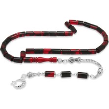 Gümüş Hediye Al Kararmaz Metal Püsküllü Kesme Kesim Kırmızı-Siyah Ateş Kehribar Tesbih