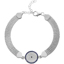 Gümüş Hediye Al Hasır Zincirli Beyaz-Lacivert Zirkon Taşlı 925 Ayar Gümüş Kadın Bileklik