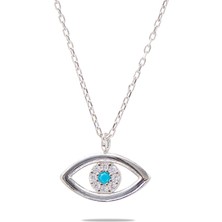 Gümüş Hediye Al Zirkon Taşlı Göz Tasarım Silver Renk 925 Ayar Gümüş Kadın Kolye