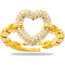 Gümüş Hediye Al Beyaz Zirkon Taşlı Kalp Tasarım Gold Renk Free Size 925 Ayar Gümüş Kadın Yüzük