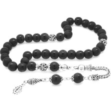 Gümüş Hediye Al 925 Ayar Gümüş Püsküllü Küre Kesim Ortası Çizgili Oniks Doğaltaş Tesbih