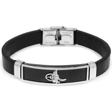 Gümüş Hediye Al Tuğra Temalı Siyah Deri-Çelik Kombinli Erkek Bileklik