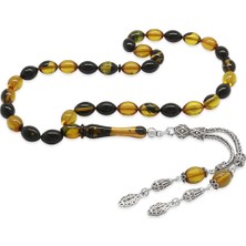 Gümüş Hediye Al 925 Ayar Gümüş Çift Püsküllü Arpa Kesim Sarı-Siyah Ateş Kehribar Tesbih