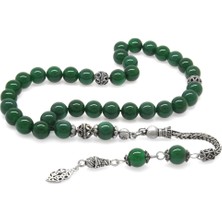 Gümüş Hediye Al 925 Ayar Gümüş Püsküllü Küre Kesim Yeşil Akik Doğaltaş Tesbih