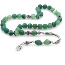 Gümüş Hediye Al 925 Ayar Gümüş Püsküllü Küre Kesim Mat Yeşil-Beyaz Akik Doğaltaş Tesbih