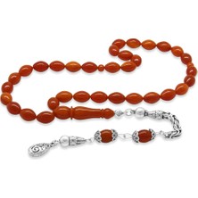 Gümüş Hediye Al 925 Ayar Gümüş Kral Püsküllü Arpa Kesim Turuncu Kırmızı Sıkma Kehribar Tesbih