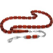 Gümüş Hediye Al 925 Ayar Gümüş Kral Püsküllü Kapsül Kesim Bayrak Kırmızısı Damla Kehribar Tesbih