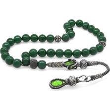 Gümüş Hediye Al 1000 Ayar Gümüş Kazaz Püsküllü Küre Kesim Yeşil Akik Doğaltaş Tesbih