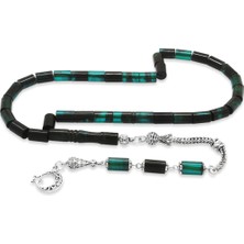 Gümüş Hediye Al Kararmaz Metal Püsküllü Kesme Kesim Petrol Yeşili-Siyah Ateş Kehribar Tesbih