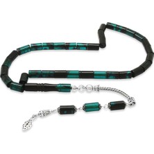 Gümüş Hediye Al 925 Ayar Gümüş Püsküllü Kesme Kesim Petrol Yeşili-Siyah Ateş Kehribar Tesbih