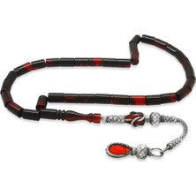 Gümüş Hediye Al 1000 Ayar Gümüş Kazaz Püsküllü Kesme Kesim Kırmızı-Siyah Ateş Kehribar Tesbih