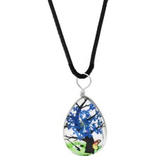 Gümüş Hediye Al Damla Tasarım Mavi Çiçekli Doğa Temalı El Yapımı Natural Reçine Kolye