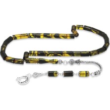 Gümüş Hediye Al Kararmaz Metal Püsküllü Kesme Kesim Sarı-Siyah Ateş Kehribar Tesbih