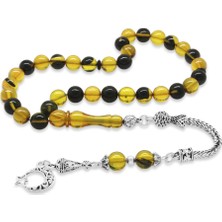 Gümüş Hediye Al Kararmaz Metal Ayyıldız Püsküllü Küre Kesim Sarı-Siyah Ateş Kehribar Tesbih