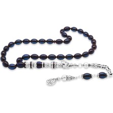 Gümüş Hediye Al 925 Ayar Gümüş Kral Püsküllü Nakkaş Imameli Kurt Başı Tasarım Lacivert Sıkma Kehribar Tesbih