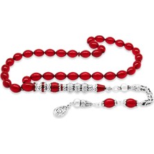 Gümüş Hediye Al 925 Ayar Gümüş Püsküllü Püsküllü Üç Şerefeli Nakkaş Imameli Bayrak Kırmızısı Ateş Kehribar Tesbih