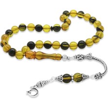 Gümüş Hediye Al 925 Ayar Gümüş Ay Yıldız Püsküllü Küre Kesim Sarı-Siyah Ateş Kehribar Tesbih