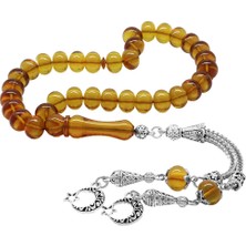 Gümüş Hediye Al Kararmaz Metal Ayyıldız Püsküllü Tekerlek Kesim Sarı Ateş Kehribar Tesbih