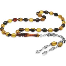 Gümüş Hediye Al 925 Ayar Gümüş Çift Püsküllü Arpa Kesim Bala-Siyah Ateş Kehribar Tesbih