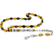 Gümüş Hediye Al 925 Ayar Gümüş Kral Püsküllü Nakkaş Imameli Zülfikar Tasarım Sarı-Siyah Ateş Kehribar Tesbih