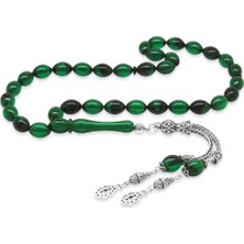 Gümüş Hediye Al 925 Ayar Gümüş Çift Püsküllü Arpa Kesim Yeşil-Siyah Ateş Kehribar Tesbih